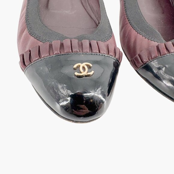 Chanel CC Ruffle Cap Toe Ballet Flats EU 37 US 6-6.5 Brown Burgundy Leather - Picture 4 of 15